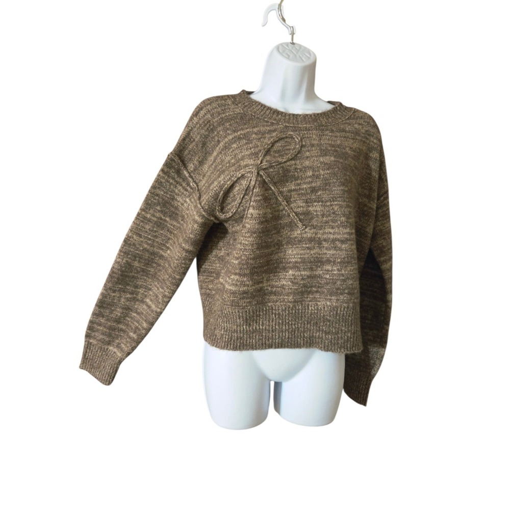 Universal Thread Brown Cropped Space-Dye Pullover Sweater Embroidered Bow M NWT